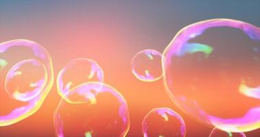 burbujas de jabón transparentes abstractas que vuelan hacia arriba, iridiscentes y brillantes, hermosas festivas contra el telón de fondo de la puesta de sol. fondo abstracto foto