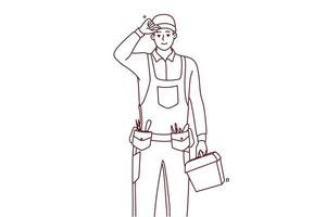 Smiling young maintenance worker in uniform with tools in hands. Happy male repairman or mechanic with box of instruments and equipment. Vector illustration.