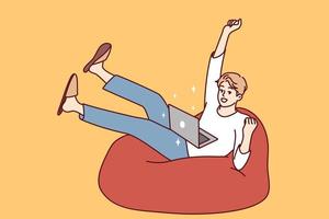 Happy young man sit on sofa triumph win lottery online on computer. Excited guy use laptop feel euphoric with good news online on victory. Vector illustration.