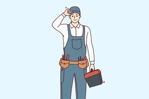 Smiling young maintenance worker in uniform with tools in hands. Happy male repairman or mechanic with box of instruments and equipment. Vector illustration.