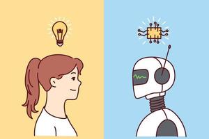 Young woman with lightbulb above head and robot exchange thoughts generate ideas. Concept of artificial intelligence and human intellect. Vector illustration.