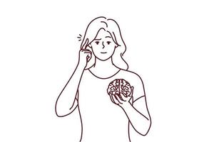 Young woman holding brain hands show at head. Focused female ask to use brain and think and consider more. Vector illustration.
