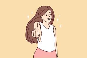 Smiling woman look at camera making hand gesture. Happy female point at screen make choice or decision. Vector illustration.