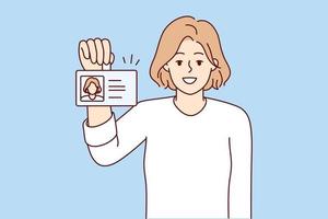 Positive woman shows badge with photo of personal data issued for use in office of corporation. Casual girl with smile and pride demonstrates document to employee company. Flat vector illustration