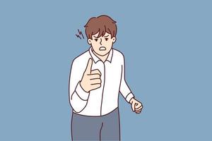 Angry man point at screen accuse or blame someone. Furious guy threaten to person feel outraged and distressed. Vector illustration.