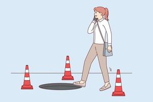 Careless woman walking talking on phone risks falling into hatch due to inattention and abuse of gadgets. Casual girl steps towards open sewer making phone call. Flat vector design