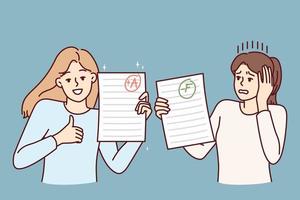 Two teen girls demonstrate sheets paper with positive and negative mark for completing exam task. Happy and upset female students share final test results for college admissions. Flat vector design