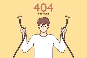 Eror 404 with sad man holding broken wire in hands and having trouble accessing internet site. Guy with damaged network cable symbolizing web error when trying to access server. Flat vector image