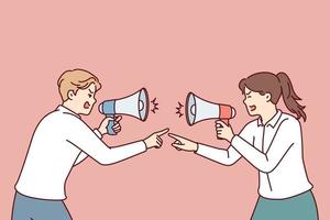 Aggressive men and women with megaphones quarreling and pointing fingers at each other. Guy and girl office employees are screaming trying to find culprit in losses of company. Flat vector image