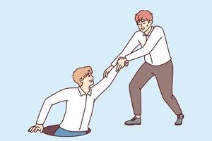 Man saves friend fell into hatch in ground, extending helping hand in difficult situation. Young businessman helps out partner after economic problems or crisis. Flat vector illustration