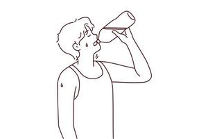 Thirsty young man suffer from heatstroke drinking water from bottle. Guy enjoy clean still liquid struggle with thirst or heat. Vector illustration.