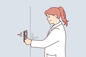 Young woman in white uniform switch controller near door. Smiling female researcher or scientist turn on control panel on wall. Vector illustration.
