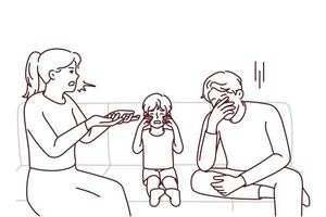 Unhappy kid crying because of parents arguing and fighting. Upset distressed child suffer from mother and father quarrelling. Vector illustration.