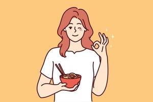 Smiling young woman eating Asian food show all right hand gesture. Happy girl enjoy noodles recommend restaurant. Recommendation. Vector illustration.