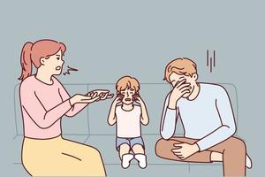 Unhappy kid crying because of parents arguing and fighting. Upset distressed child suffer from mother and father quarrelling. Vector illustration.