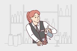 Bartender in uniform making cocktail at bar. Smiling female waitress make drink in restaurant at counter. Alcohol and beverage. Vector illustration.