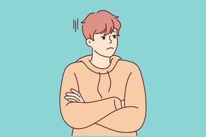 Unhappy young man look aside feeling bored and distressed. Upset millennial guy unsatisfied with news or situation. Stress and loneliness. Vector illustration.