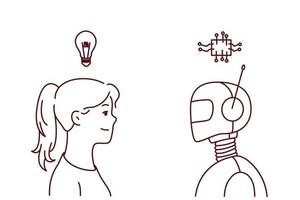 Young woman with lightbulb above head and robot exchange thoughts generate ideas. Concept of artificial intelligence and human intellect. Vector illustration.