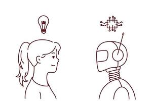 Young woman with lightbulb above head and robot exchange thoughts generate ideas. Concept of artificial intelligence and human intellect. Vector illustration.