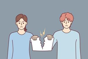 Angry man and woman holding sheet tearing joint paper after quarrel or family disagreement. Guy and girl with hatred in their eyes tear document confirming marriage. Flat vector illustration