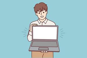 Smiling young man holding laptop with mockup screen. Happy male show empty blank copy space on computer display. Vector illustration.