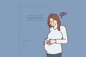 Upset pregnant woman stands near door with abortion sign needs psychologist after making difficult decision. Girl crying wants to terminate pregnancy due to unwanted insemination. Flat vector design