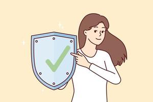 Woman with metal shield demonstrates that is protected from viruses. girl points finger at checkmark symbolizing web security using social networks and Internet applications. Flat vector image