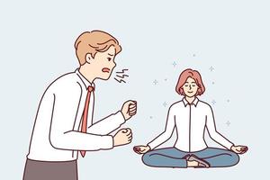 Angry manager yelling at employee sitting in lotus position and not paying attention to employer bad attitude. Girl uses meditation and yoga located near screaming unbalanced man. Flat vector design