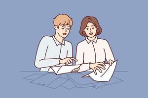 Man and woman are standing near table sorting through business documents in search right letter from partners or tax notice. Guy and girl studying contracts from large number pages. Flat vector image