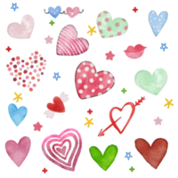 Watercolor illustration of cute valentine objects ,cute item design , various heart shapes  ,PNG Transparency png