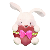 Watercolor illustration of  Cute  Rabbit  hugging heart ,cute item PNG design  ,PNG Transparency