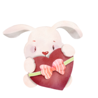 Watercolor illustration of  Cute  Rabbit  hugging heart ,cute item PNG design  ,PNG Transparency