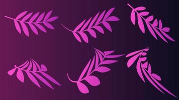 conjunto de gradiente de rama púrpura de una planta con hojas y una silueta de un pájaro para un salón de belleza vector