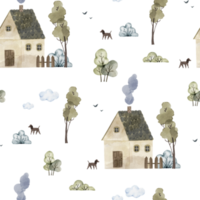 Seamless pattern with houses, nature and dogs. watercolor illustration. png