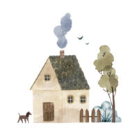 Watercolor illustration with country house in cartoon style. Ideal for postcards. png