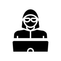 hacker work at laptop glyph icon vector illustration