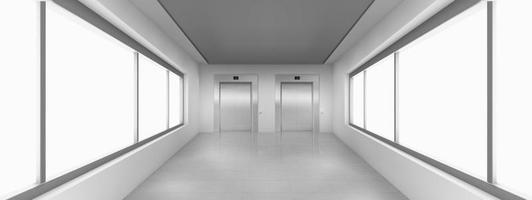 Empty corridor with large windows, elevator doors vector