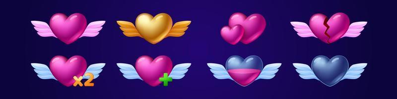 Set winged heart game icons, fill progress level vector