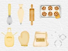 conjunto de imágenes prediseñadas de cocina de herramientas de panadería de acuarela vector