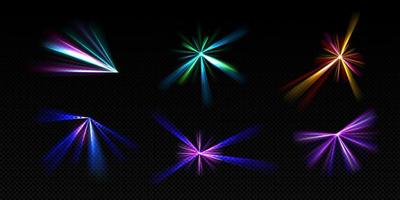 Bright light beams, laser rays, neon glow effect vector