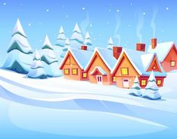 paisaje invernal con nieve, casas y bosque vector