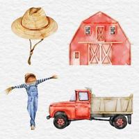 watercolor farm element collection set vector