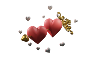 Ilustración 3d, pareja de corazones rosas con flecha dorada.