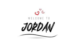 bienvenido a la tipografía de texto del país jordano con corazón de amor rojo y nombre negro vector