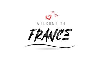 bienvenido a la tipografía de texto del país de francia con corazón de amor rojo y nombre negro vector