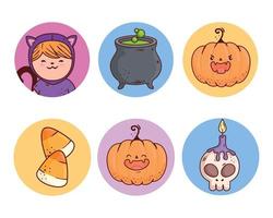 set icons of happy halloween on round frame vector