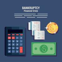 banner bankruptcy financial crisis, calculator and business icons vector