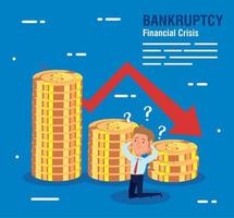 banner bankruptcy financial crisis, worried businessman with coins and arrow down vector