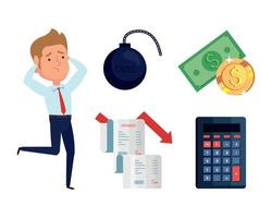 businessman and icons of bankruptcy financial crisis vector