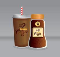 café de maqueta de marca, maqueta de identidad corporativa, botella y café desechable vector